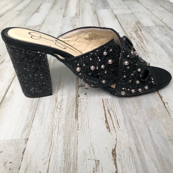 Jessica Simpson Rizell Black Chunky Glitter/Shimmer Slides Block Heel Size 8 - Picture 5 of 9